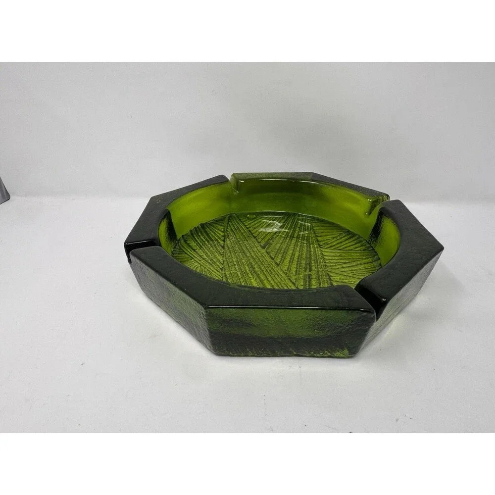 MCM Vintage Green Glass Ashtray Geometric Textured 10” Hexagon
